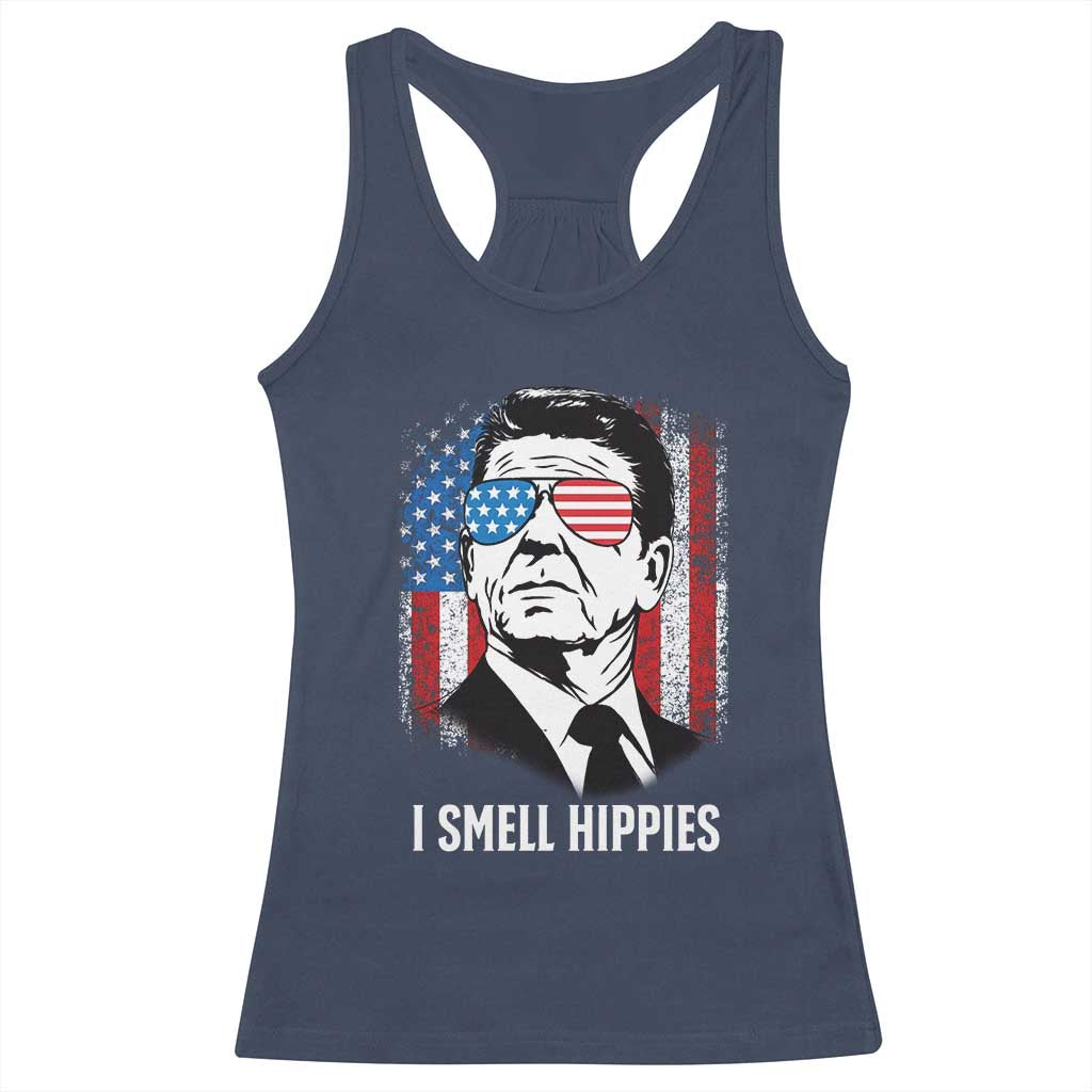 Ronald Reagan 4th of July America Flag Racerback Tank Top I Smell Hippies TS14 Navy Print Your Wear