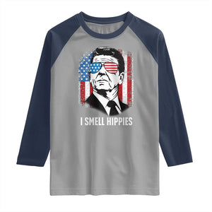 Ronald Reagan 4th of July America Flag Raglan Shirt I Smell Hippies TS14 Sport Gray Navy Print Your Wear