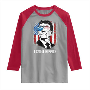 Ronald Reagan 4th of July America Flag Raglan Shirt I Smell Hippies TS14 Sport Gray Red Print Your Wear