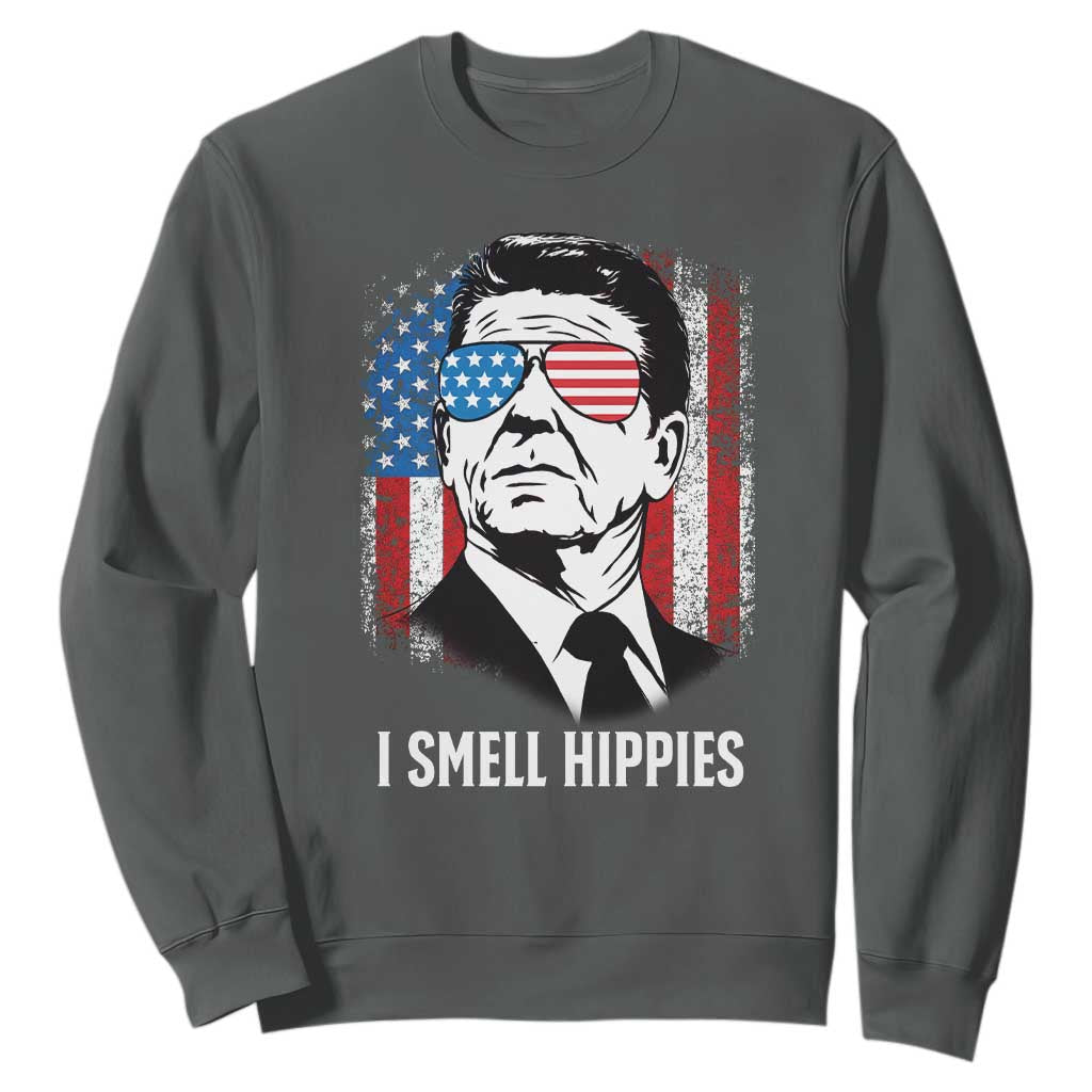 Ronald Reagan 4th of July America Flag Sweatshirt I Smell Hippies TS14 Dark Heather Print Your Wear