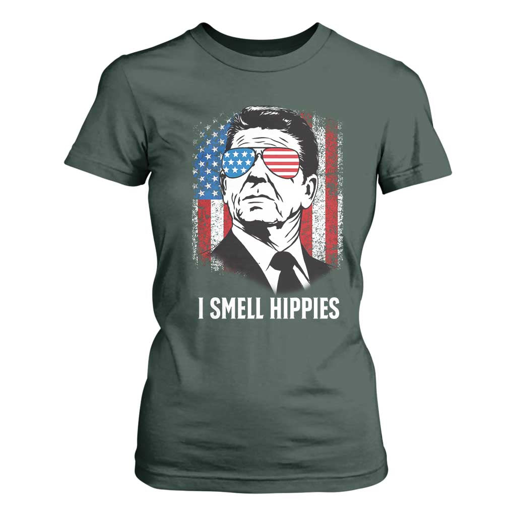 Ronald Reagan 4th of July America Flag T Shirt For Women I Smell Hippies TS14 Dark Forest Green Print Your Wear