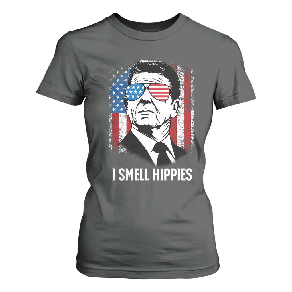 Ronald Reagan 4th of July America Flag T Shirt For Women I Smell Hippies TS14 Dark Heather Print Your Wear