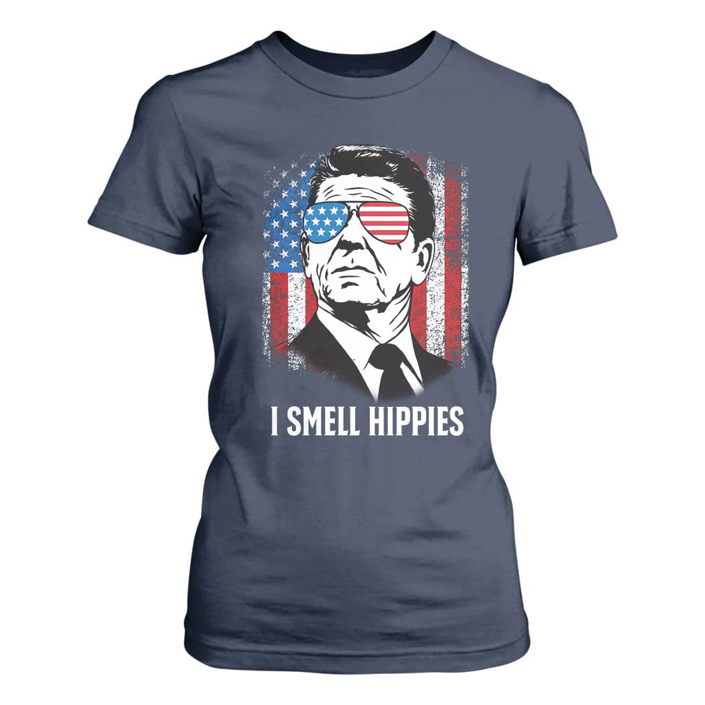 Ronald Reagan 4th of July America Flag T Shirt For Women I Smell Hippies TS14 Navy Print Your Wear