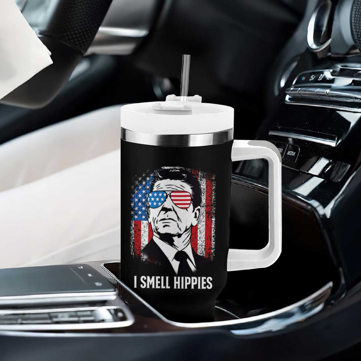 Ronald Reagan 4th of July America Flag Tumbler With Handle I Smell Hippies TS14 Print Your Wear