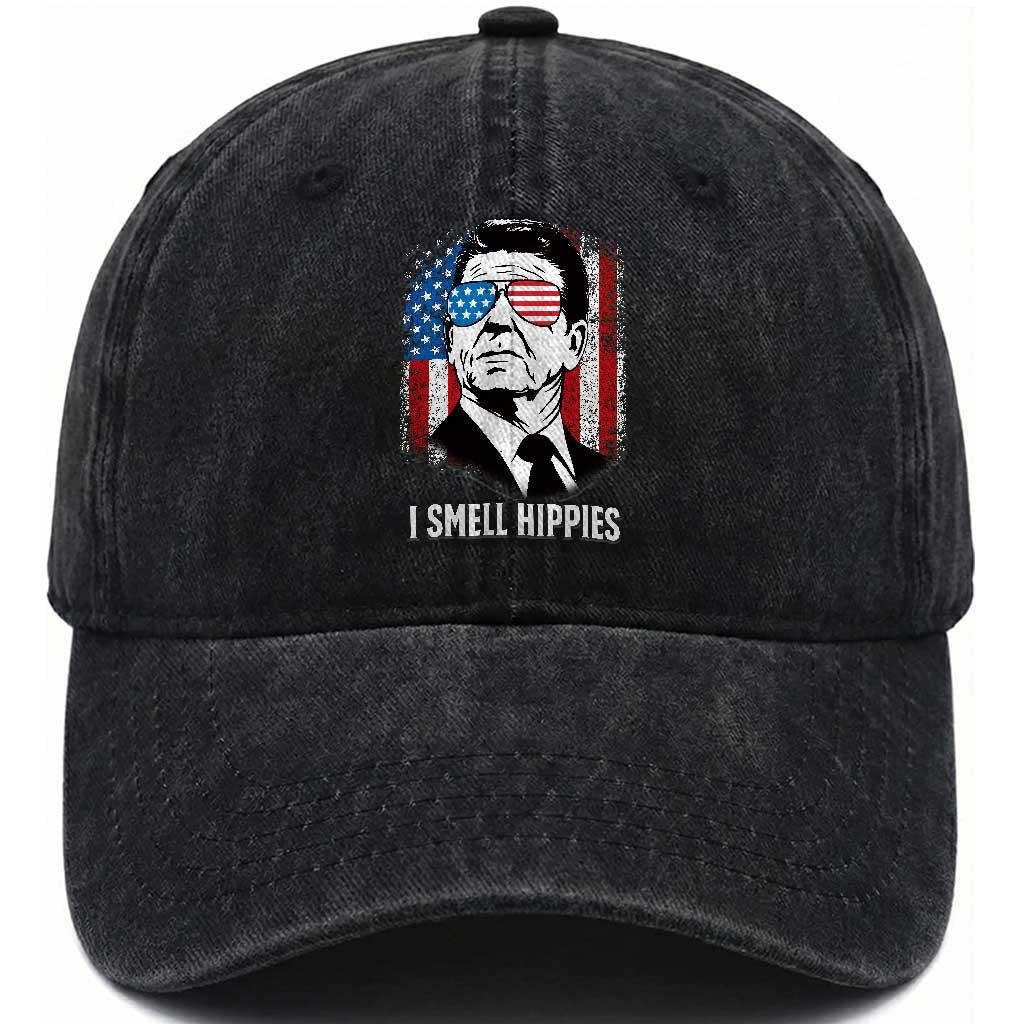 Ronald Reagan 4th of July America Flag Washed Cotton Baseball Cap I Smell Hippies TS14 Washed Cap Universal Fit Black Print Your Wear