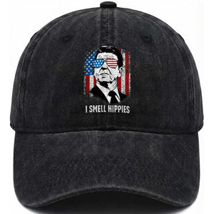 Ronald Reagan 4th of July America Flag Washed Cotton Baseball Cap I Smell Hippies TS14 Washed Cap Universal Fit Black Print Your Wear