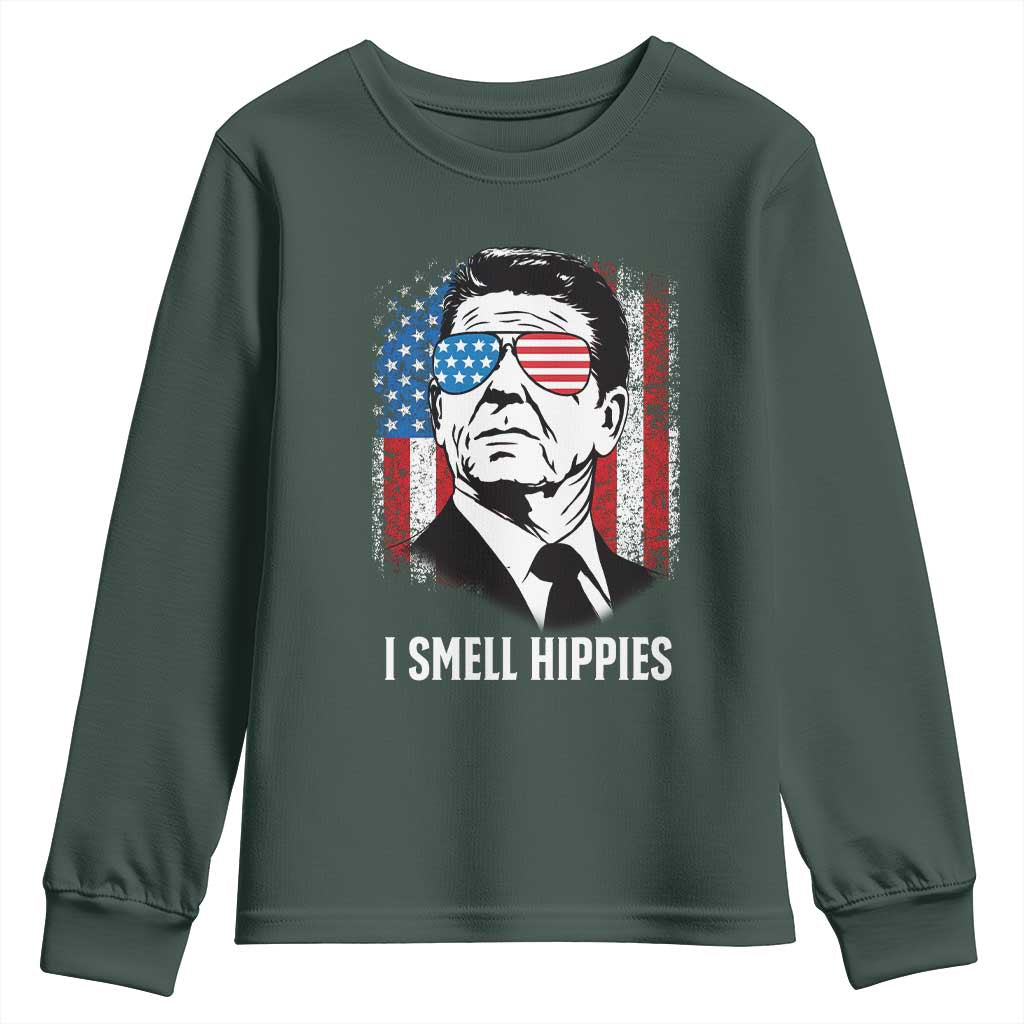 Ronald Reagan 4th of July America Flag Youth Sweatshirt I Smell Hippies TS14 Dark Forest Green Print Your Wear