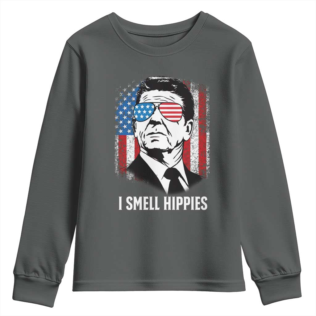 Ronald Reagan 4th of July America Flag Youth Sweatshirt I Smell Hippies TS14 Dark Heather Print Your Wear