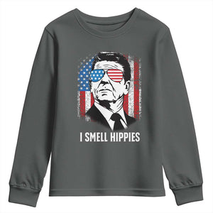 Ronald Reagan 4th of July America Flag Youth Sweatshirt I Smell Hippies TS14 Dark Heather Print Your Wear