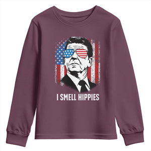 Ronald Reagan 4th of July America Flag Youth Sweatshirt I Smell Hippies TS14 Maroon Print Your Wear