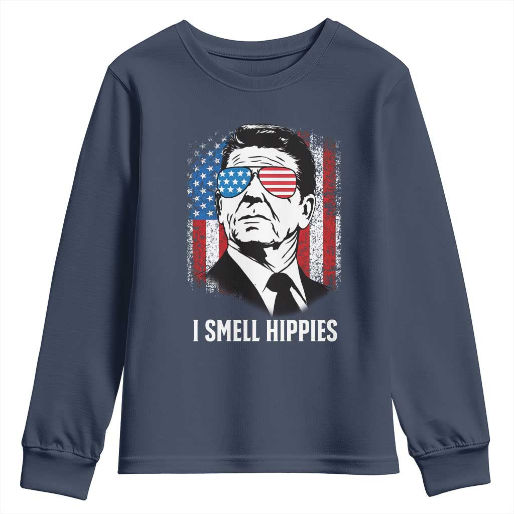 Ronald Reagan 4th of July America Flag Youth Sweatshirt I Smell Hippies TS14 Navy Print Your Wear