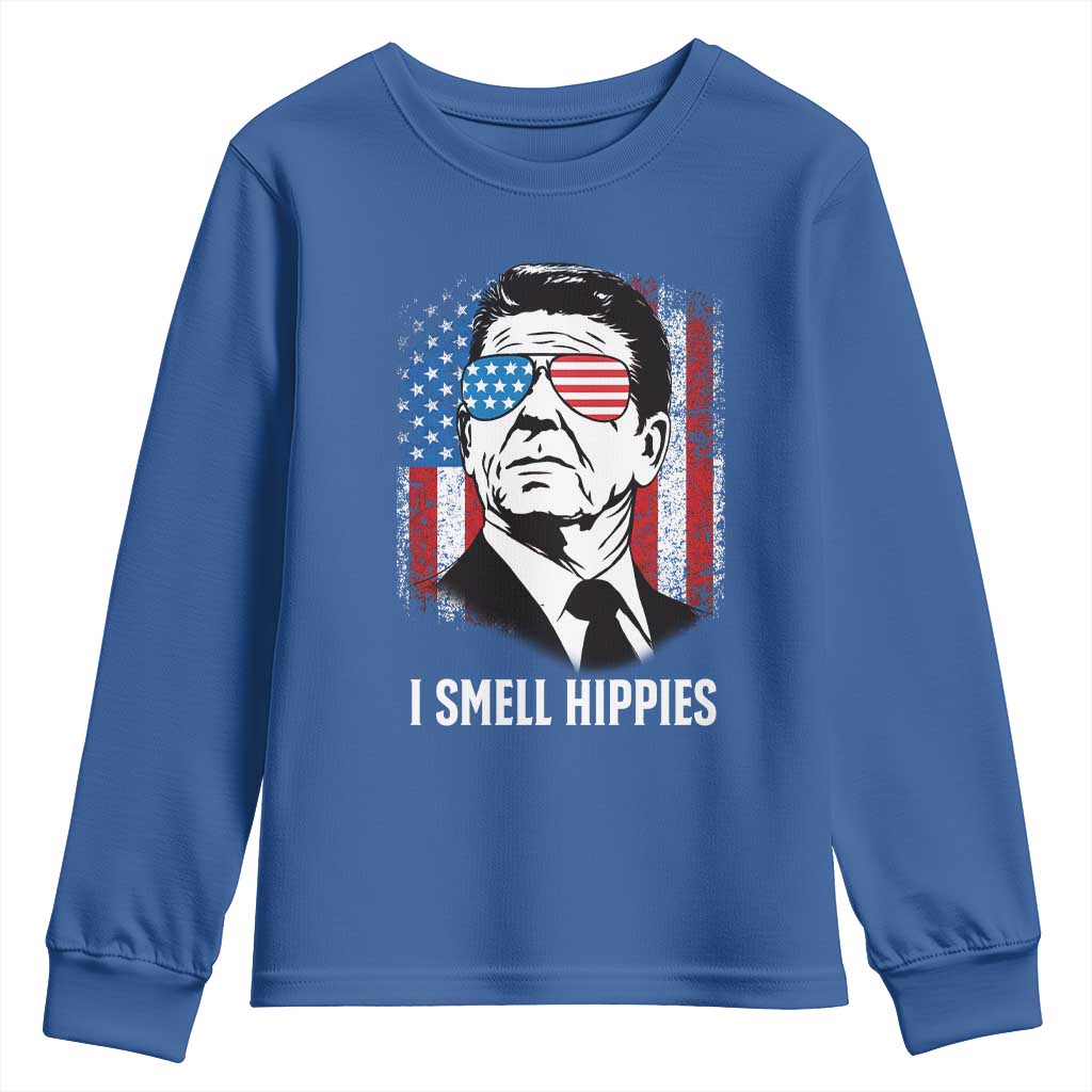 Ronald Reagan 4th of July America Flag Youth Sweatshirt I Smell Hippies TS14 Royal Blue Print Your Wear