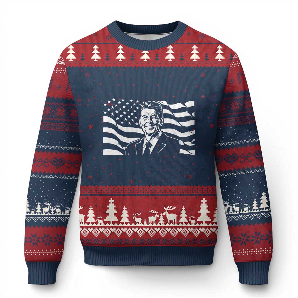 Ronald Reagan America Flag US President Ugly Christmas Sweater TS14 Navy Red Print Your Wear