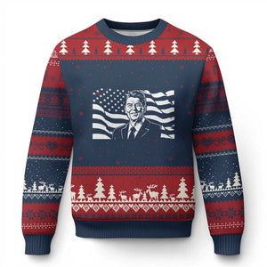 Ronald Reagan America Flag US President Ugly Christmas Sweater TS14 Navy Red Print Your Wear