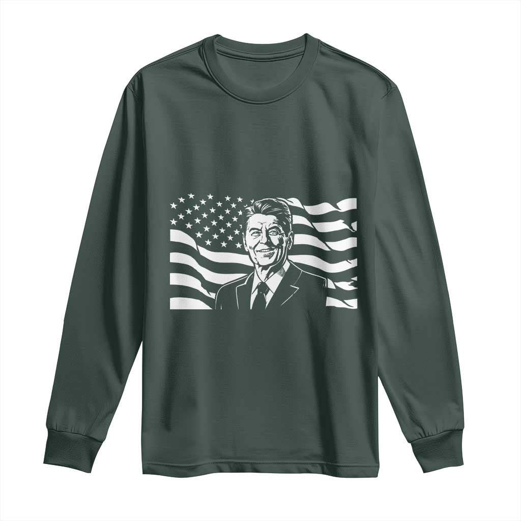Ronald Reagan America Flag US President Long Sleeve Shirt TS14 Dark Forest Green Print Your Wear
