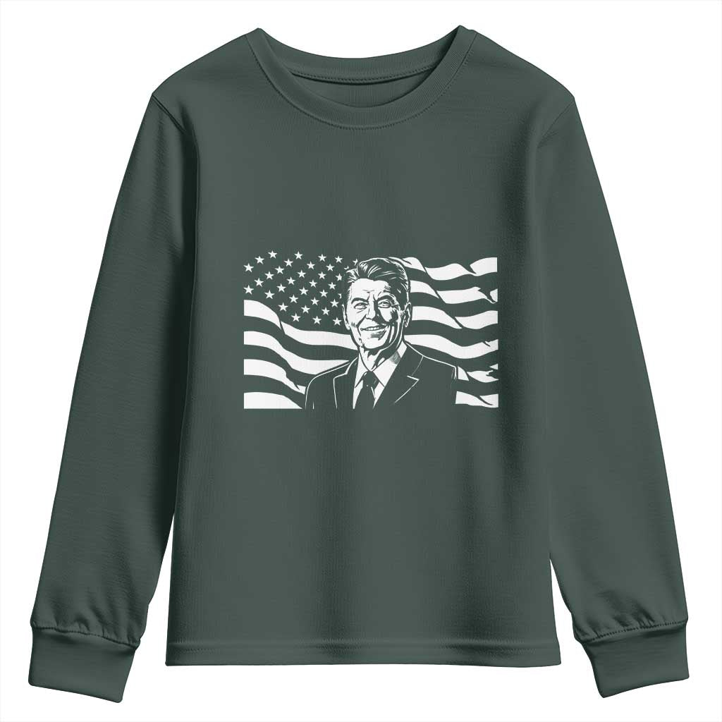 Ronald Reagan America Flag US President Youth Sweatshirt TS14 Dark Forest Green Print Your Wear