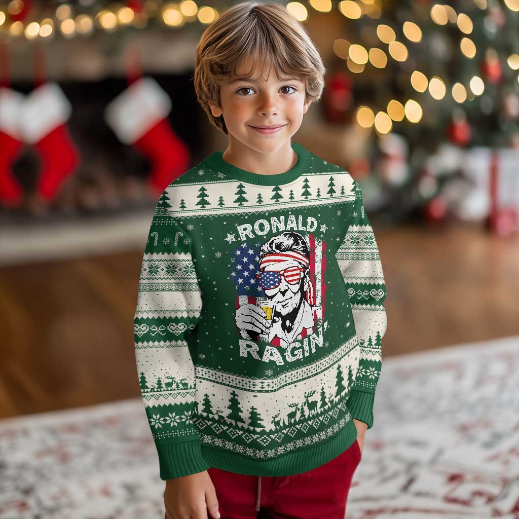 Ronald Reagan Ugly Christmas Sweater 4th of July America Flag Beer TS14 Forest Green Beige Print Your Wear