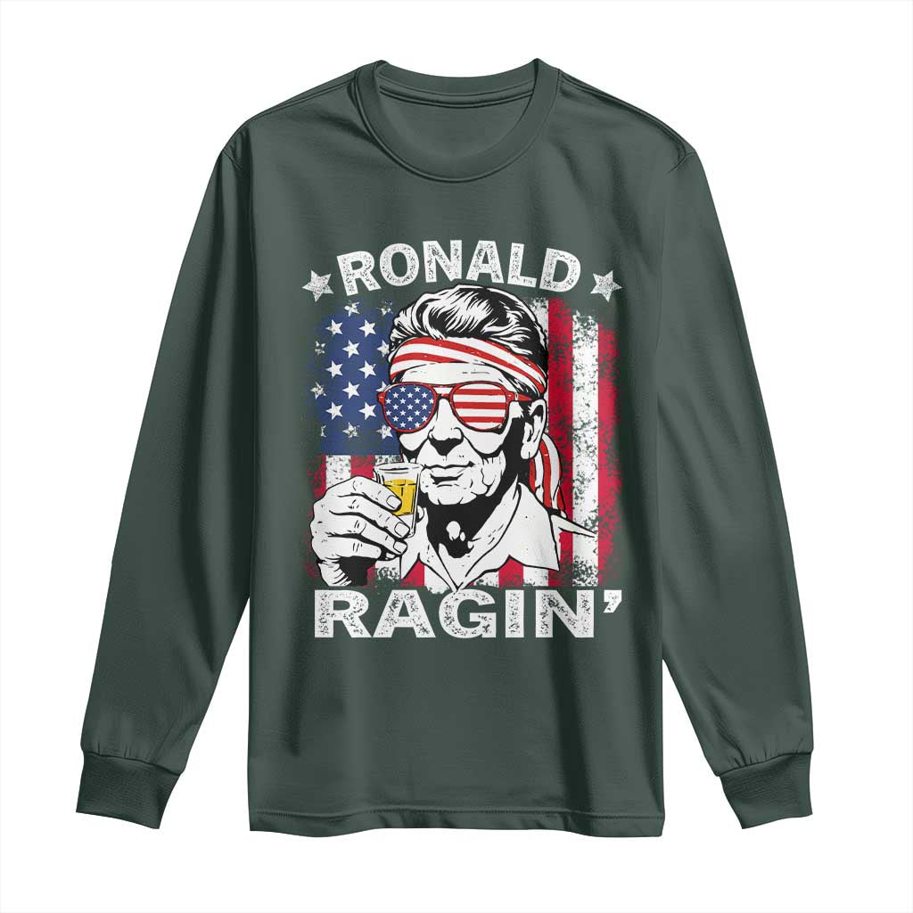 Ronald Reagan Long Sleeve Shirt 4th of July America Flag Beer TS14 Dark Forest Green Print Your Wear