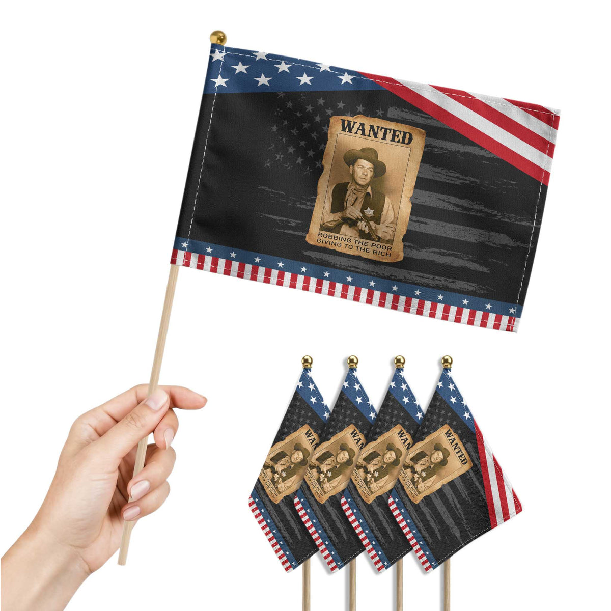 Ronald Reagan Cowboy Retro American President Patriotic Handheld Flag Robbing The Poor GIving To Te Rich TS14 Print Your Wear