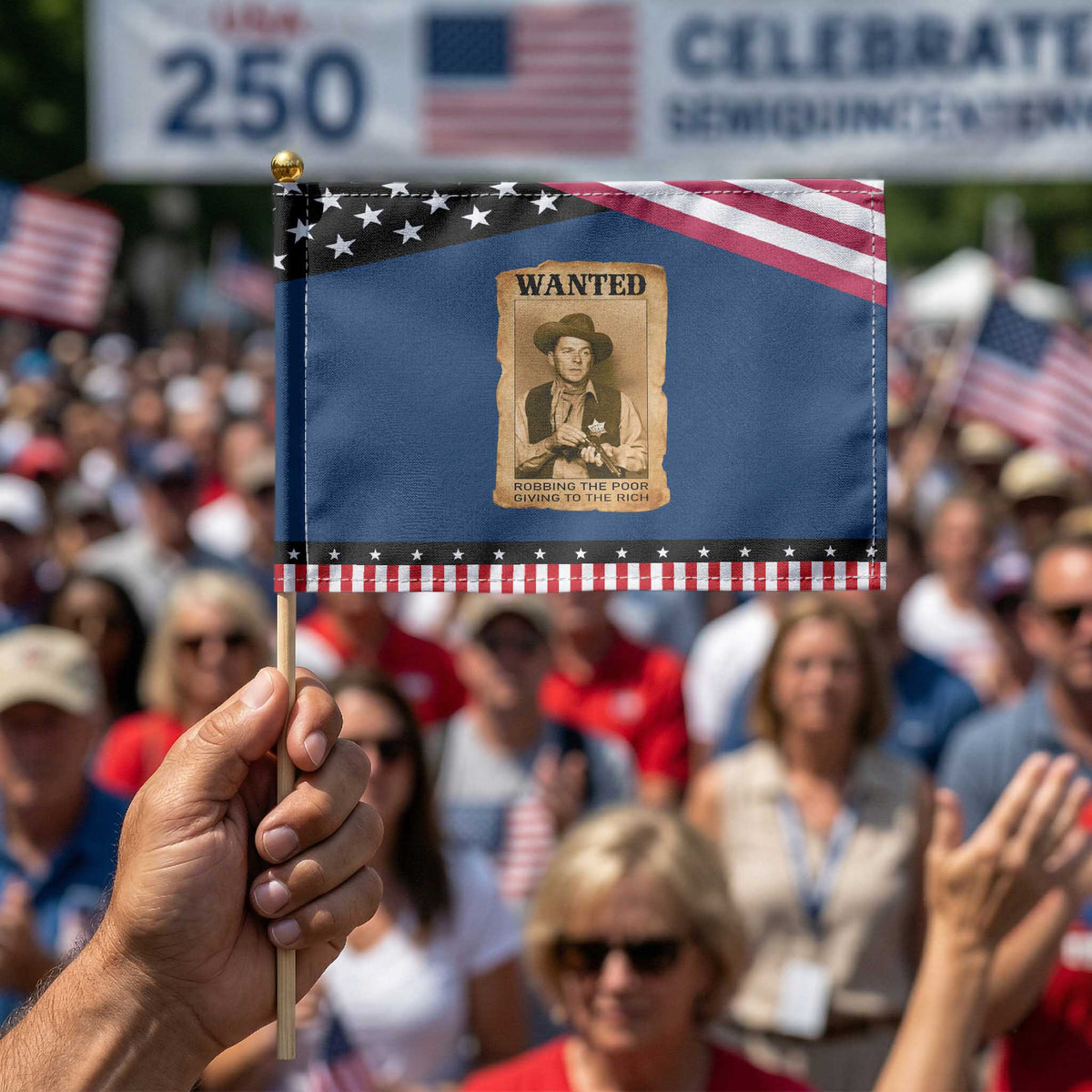 Ronald Reagan Cowboy Retro American President Patriotic Handheld Flag Robbing The Poor GIving To Te Rich TS14 Classic 8.2
