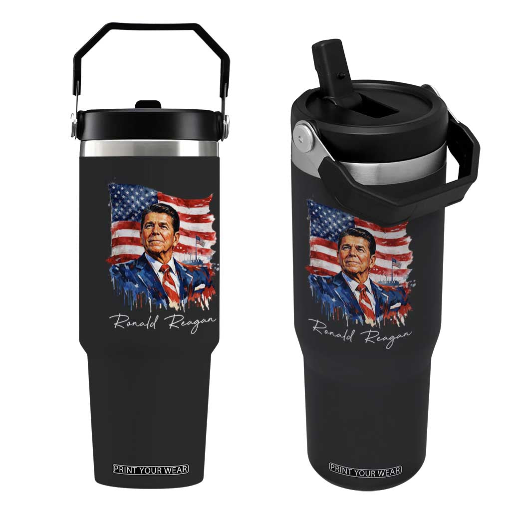 Ronald Reagan Patriotic American Flag President Flip Straw Tumbler TS14 One Size: 30 oz Black Print Your Wear