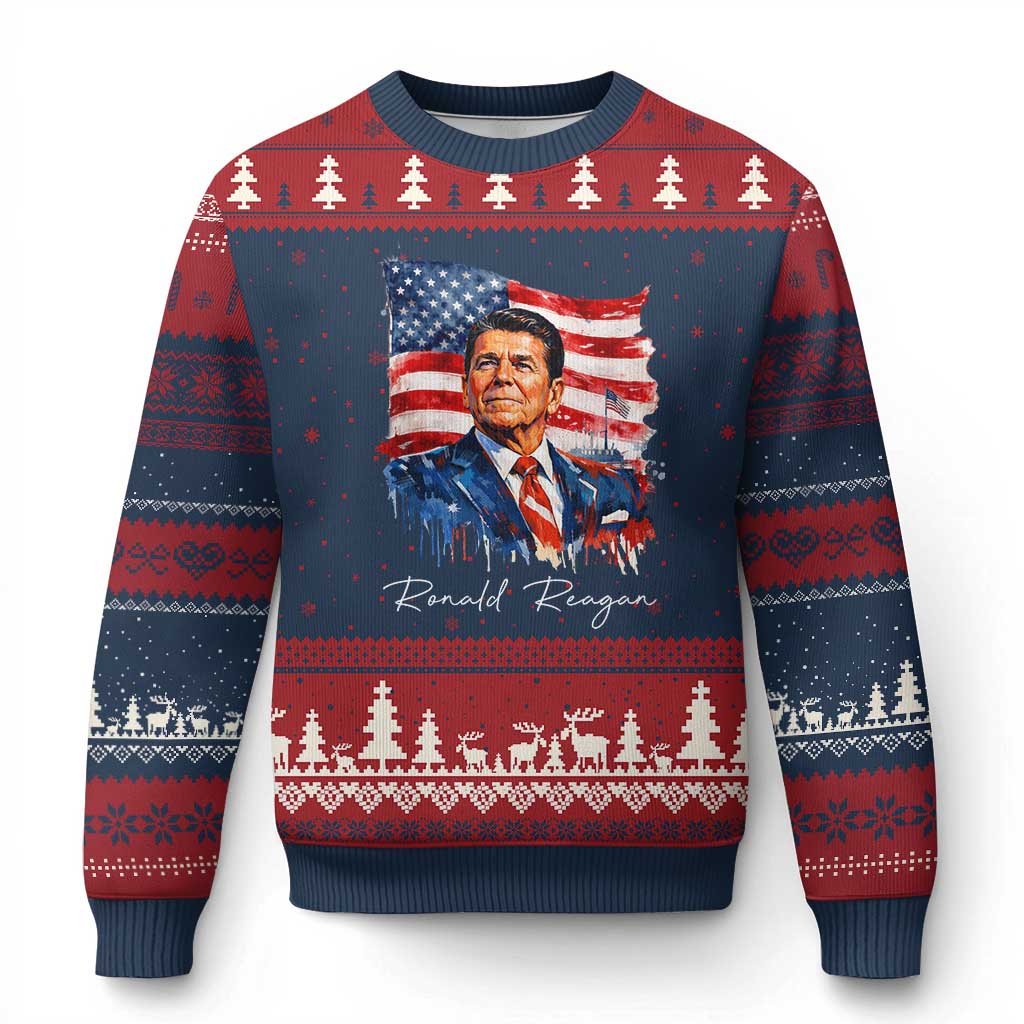 Ronald Reagan Patriotic American Flag President Ugly Christmas Sweater TS14 Navy Red Print Your Wear