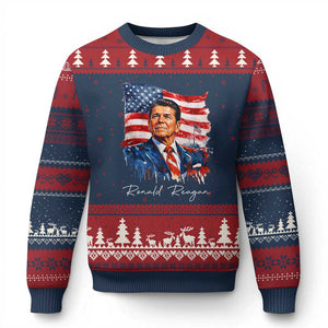 Ronald Reagan Patriotic American Flag President Ugly Christmas Sweater TS14 Navy Red Print Your Wear