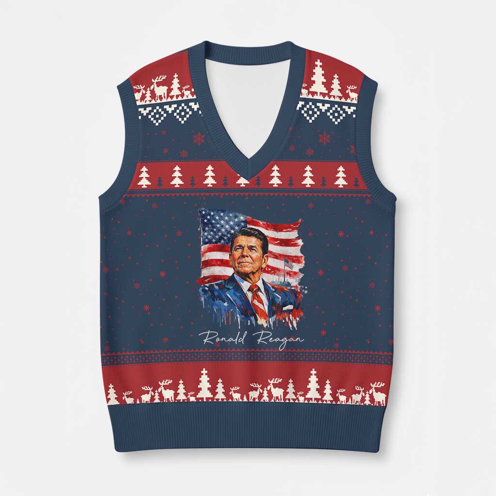 Ronald Reagan Patriotic American Flag President V-Neck Knit Sweater Vest TS14 Navy Red Print Your Wear