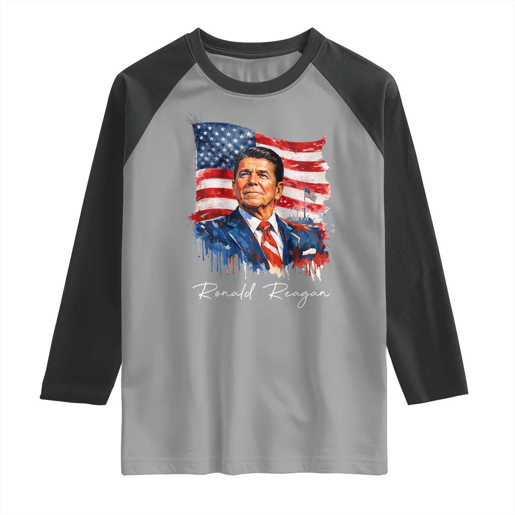 Ronald Reagan Patriotic American Flag President Raglan Shirt TS14 Sport Gray Black Print Your Wear