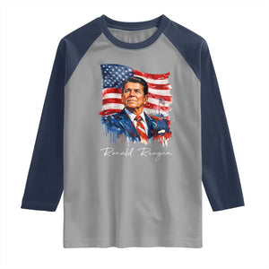 Ronald Reagan Patriotic American Flag President Raglan Shirt TS14 Sport Gray Navy Print Your Wear