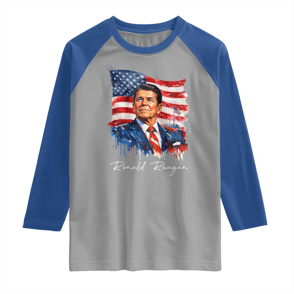 Ronald Reagan Patriotic American Flag President Raglan Shirt TS14 Sport Gray Royal Print Your Wear