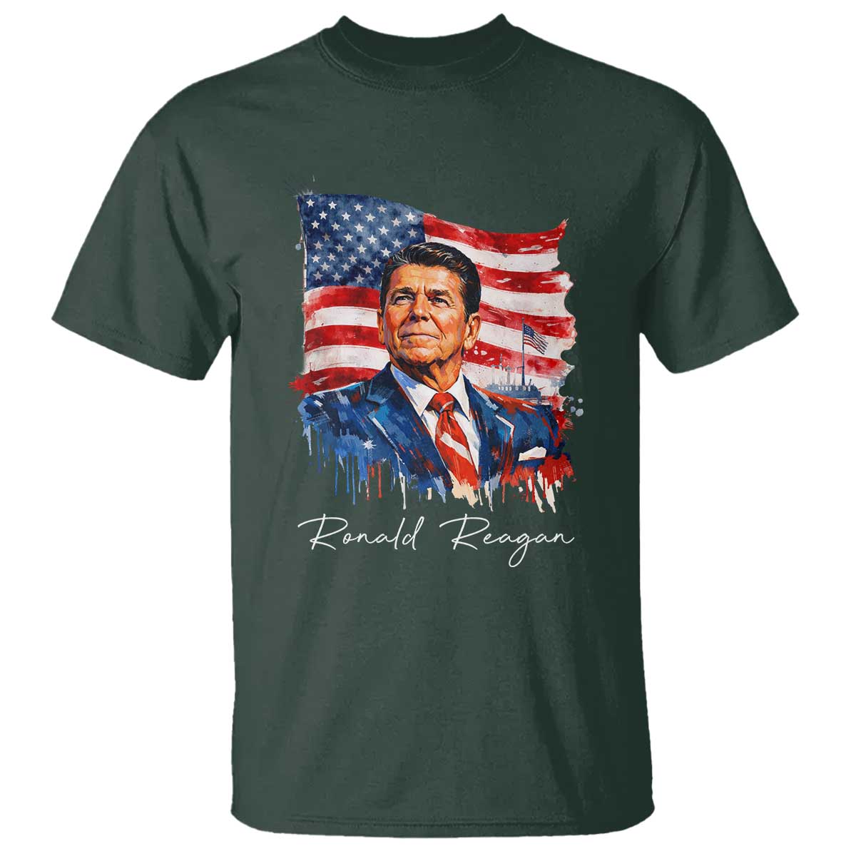 Ronald Reagan Patriotic American Flag President T Shirt TS14 Dark Forest Green Print Your Wear