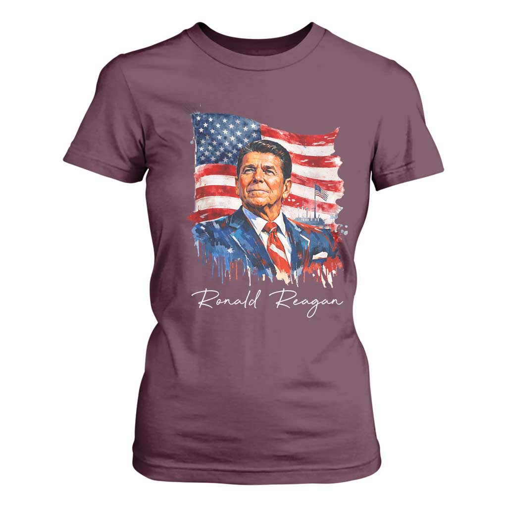 Ronald Reagan Patriotic American Flag President T Shirt For Women TS14 Maroon Print Your Wear