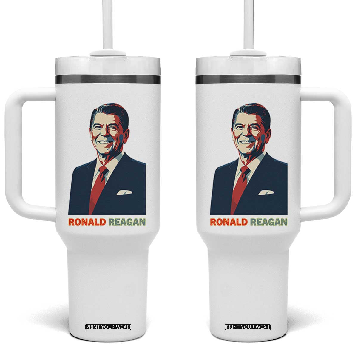 Ronald Reagan Tumbler With Handle American Flag US President TS14 One Size: 40 oz White Print Your Wear
