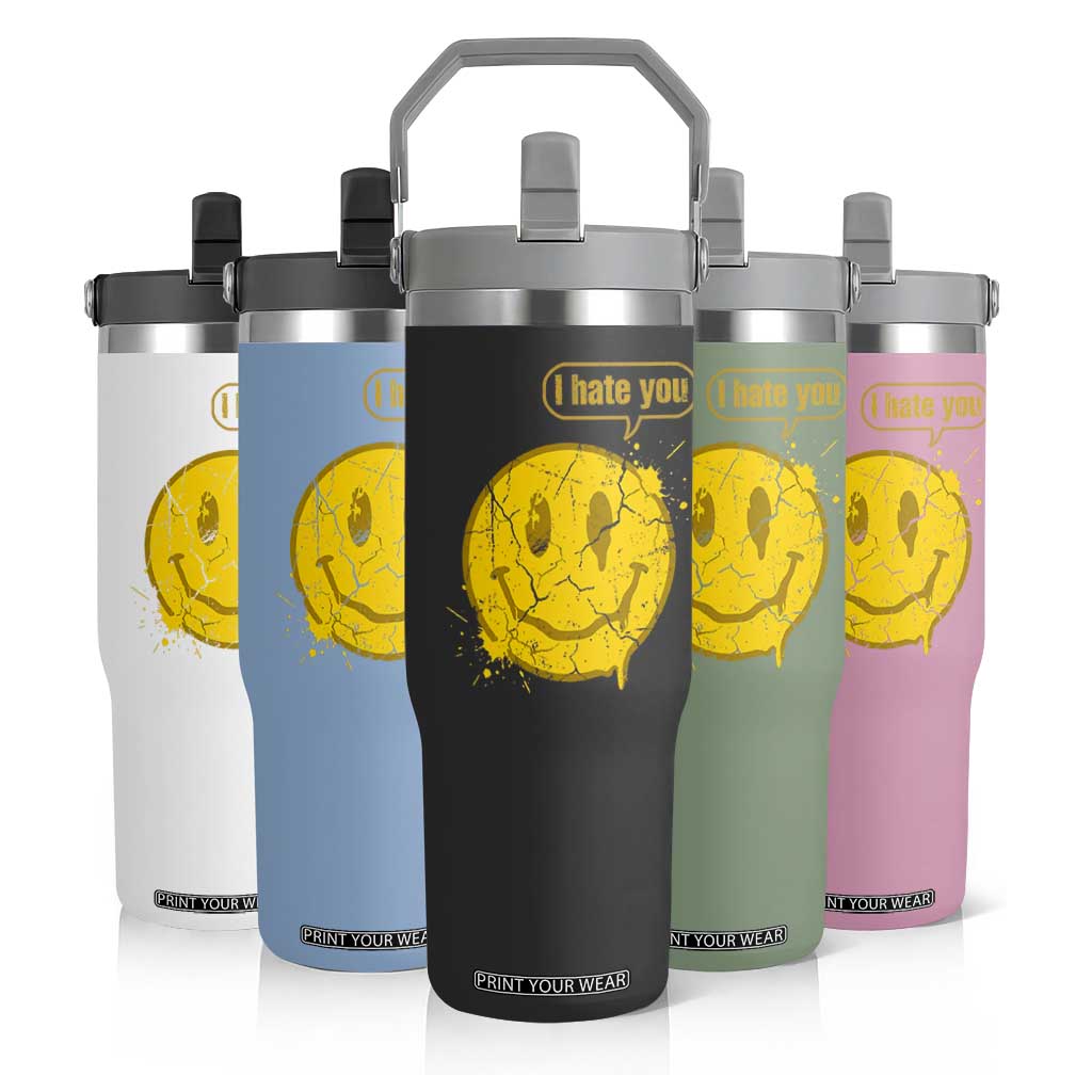 I Hate You Flip Straw Tumbler Vintage Yellow Happy Smile Face TS14 Print Your Wear