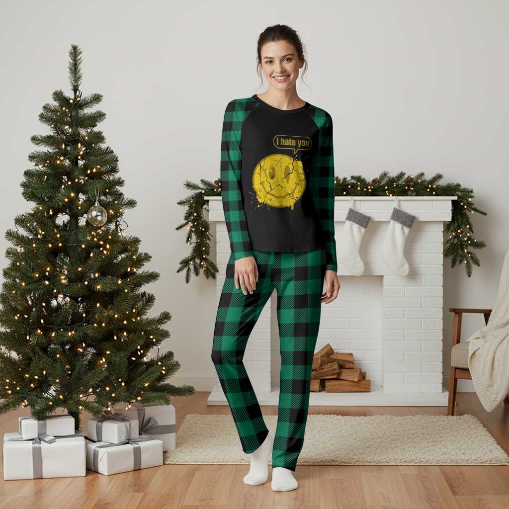 I Hate You Plaid Pajama Set Vintage Yellow Happy Smile Face TS14 Green Plaid Print Your Wear