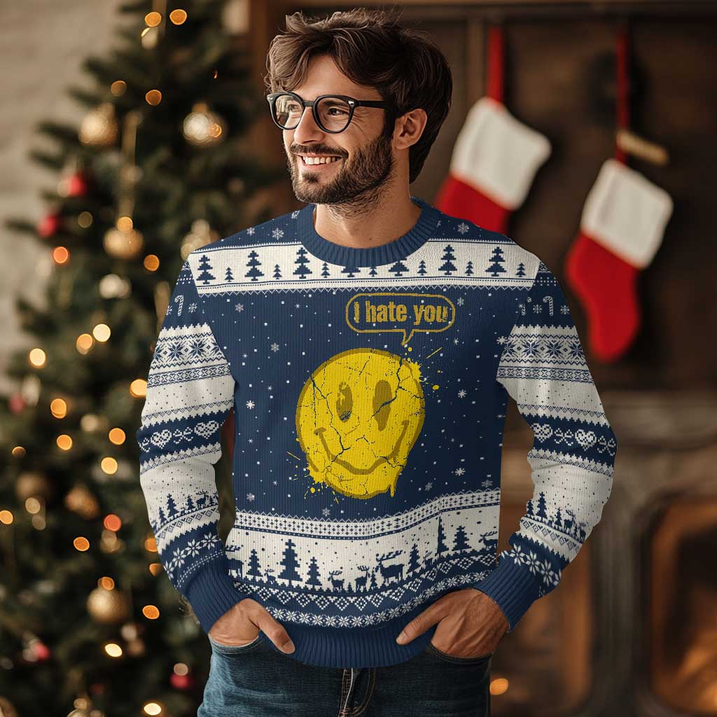 I Hate You Ugly Christmas Sweater Vintage Yellow Happy Smile Face TS14 Navy Beige Print Your Wear