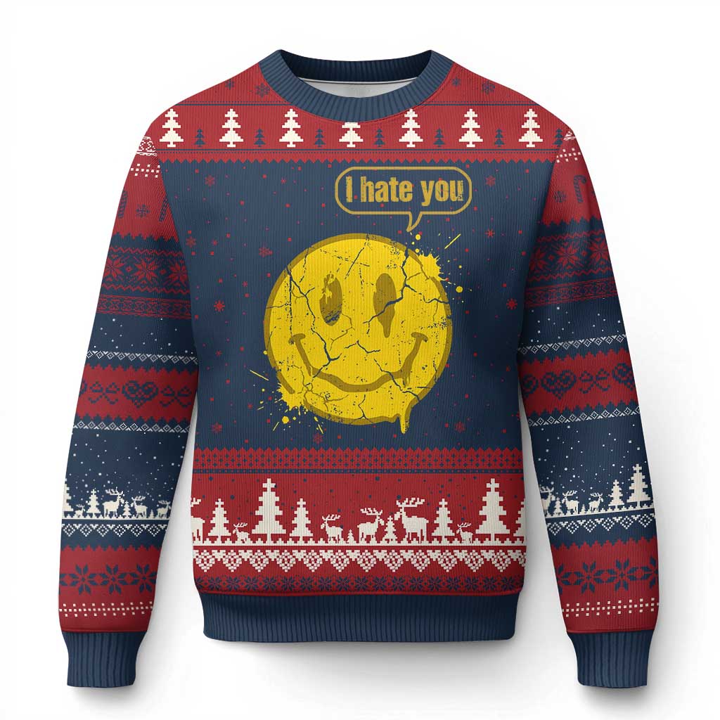 I Hate You Ugly Christmas Sweater Vintage Yellow Happy Smile Face TS14 Navy Red Print Your Wear