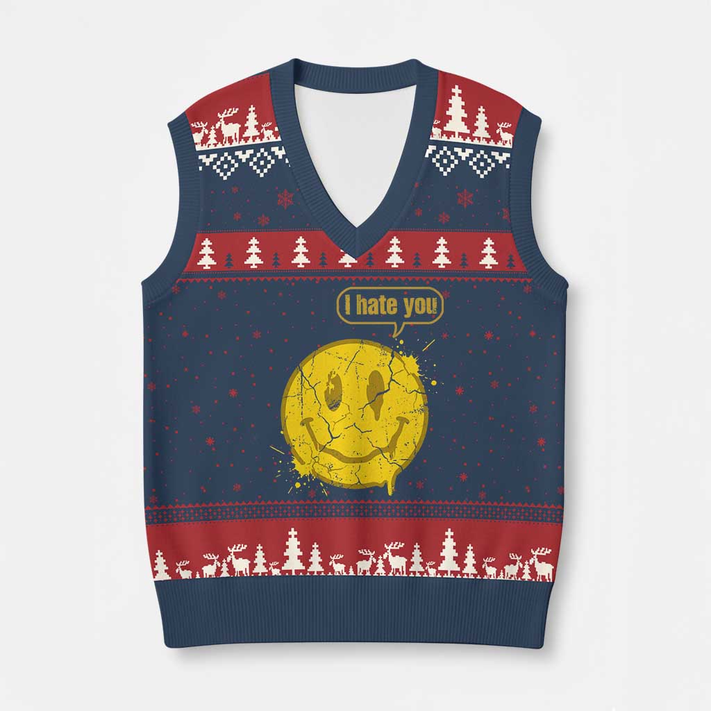 I Hate You V-Neck Knit Sweater Vest Vintage Yellow Happy Smile Face TS14 Navy Red Print Your Wear