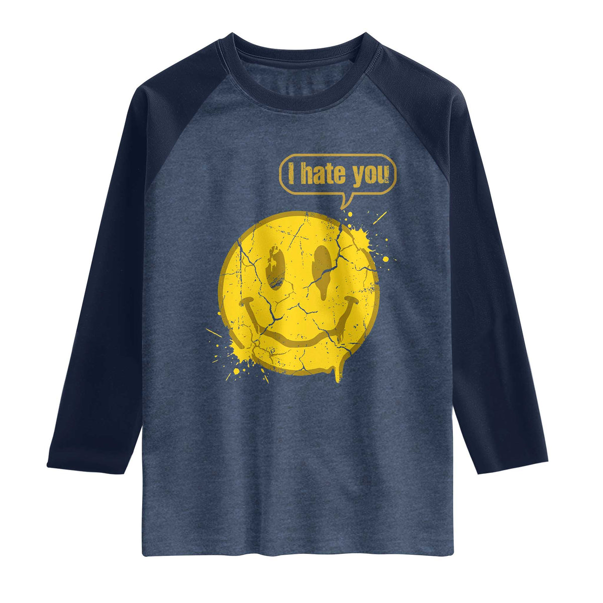 I Hate You Raglan Shirt Vintage Yellow Happy Smile Face TS14 Heather Denim Navy Print Your Wear