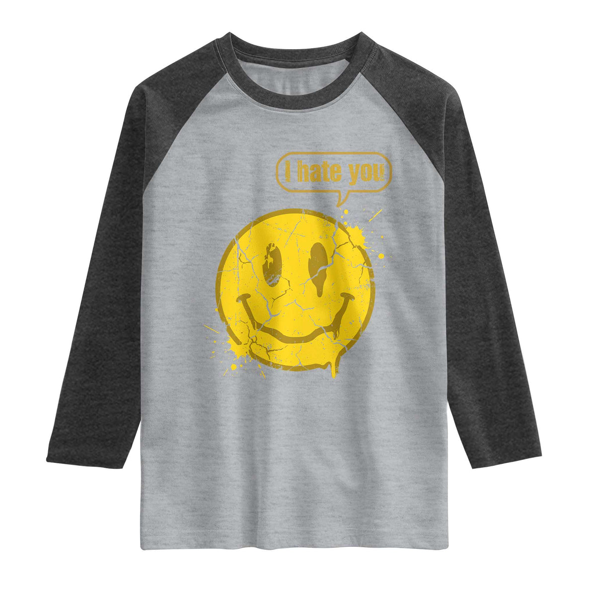 I Hate You Raglan Shirt Vintage Yellow Happy Smile Face TS14 Heather Gray Heather Charcoal Print Your Wear