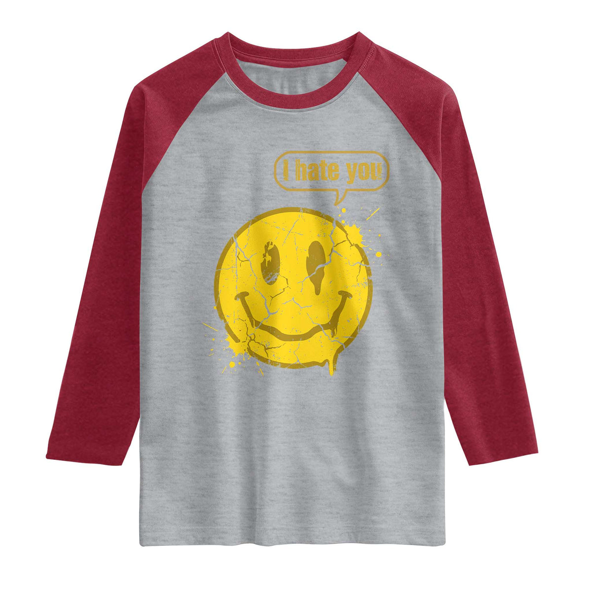 I Hate You Raglan Shirt Vintage Yellow Happy Smile Face TS14 Heather Gray Heather Red Print Your Wear