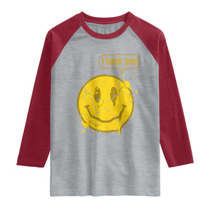 I Hate You Raglan Shirt Vintage Yellow Happy Smile Face TS14 Heather Gray Heather Red Print Your Wear