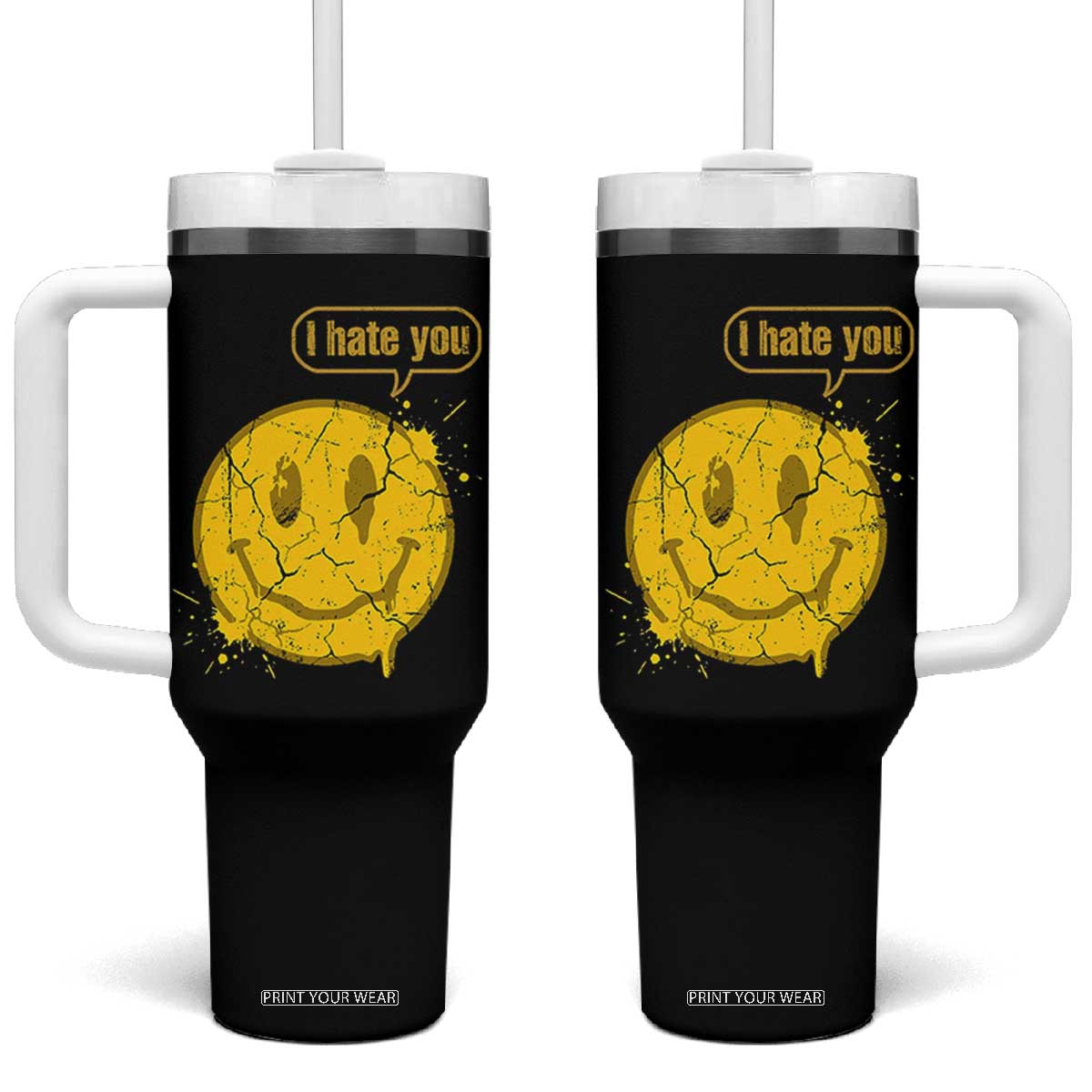 I Hate You Tumbler With Handle Vintage Yellow Happy Smile Face TS14 One Size: 40 oz Black Print Your Wear