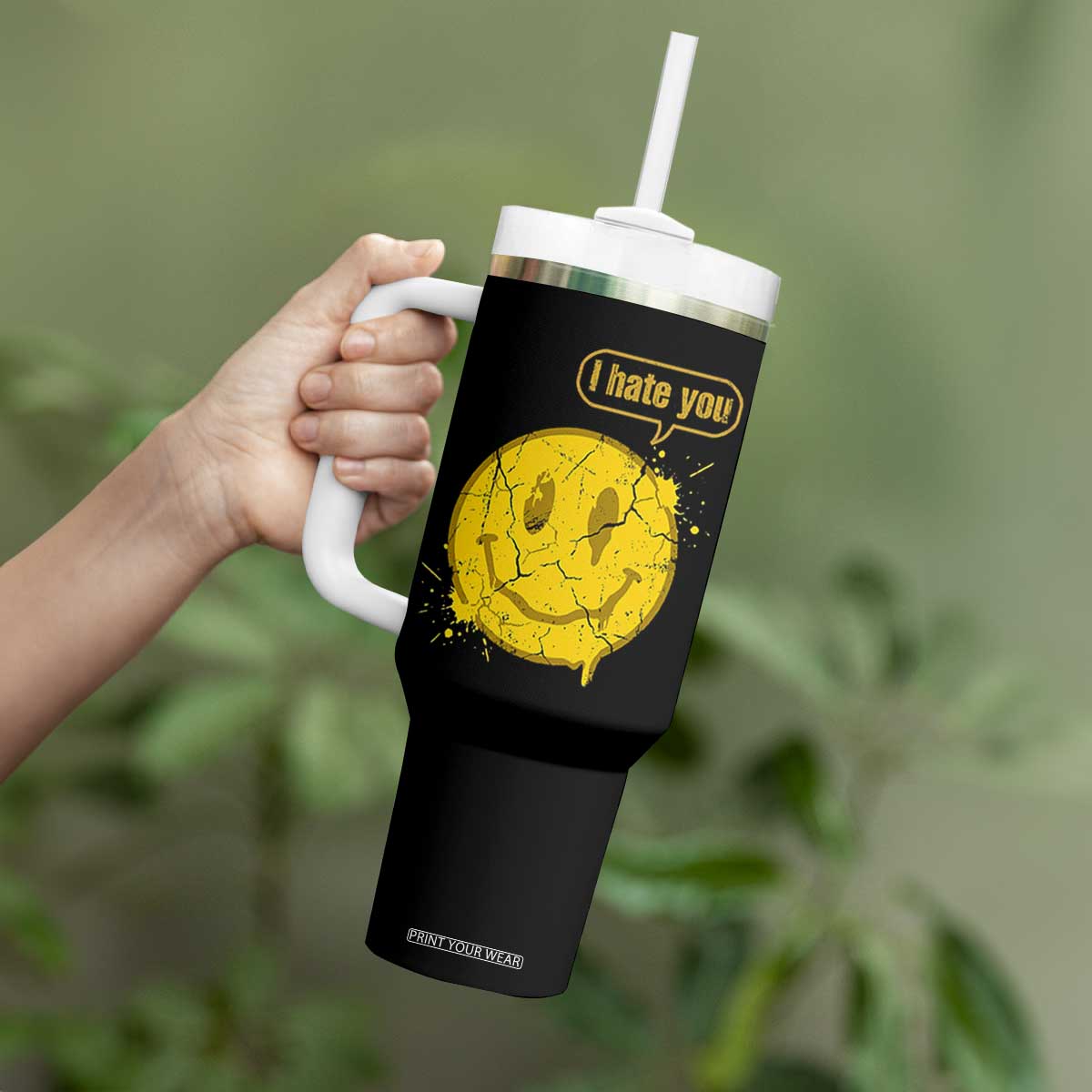 I Hate You Tumbler With Handle Vintage Yellow Happy Smile Face TS14 Print Your Wear