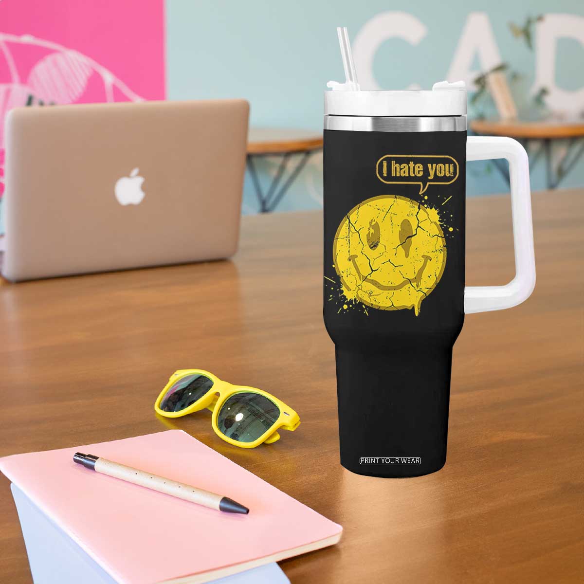 I Hate You Tumbler With Handle Vintage Yellow Happy Smile Face TS14 Print Your Wear