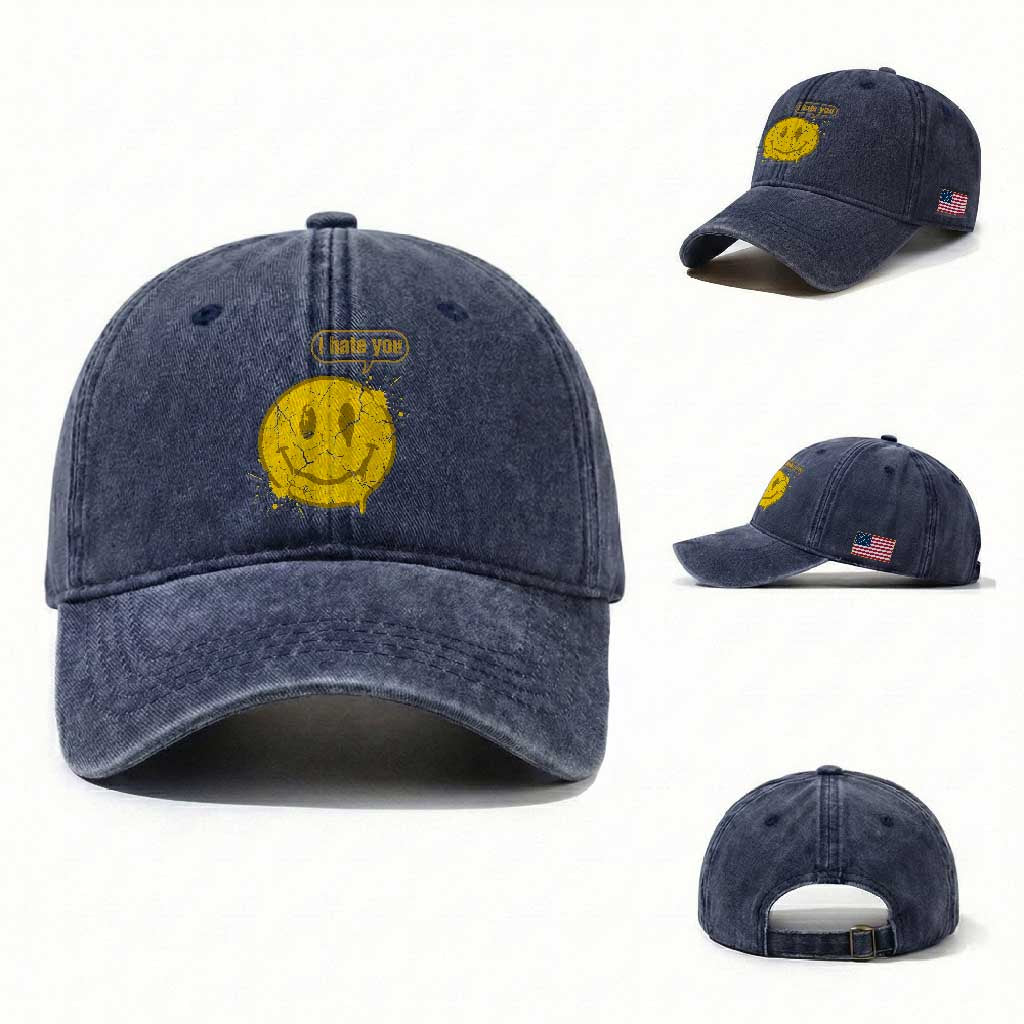 I Hate You Washed Cotton Baseball Cap Vintage Yellow Happy Smile Face TS14 Washed Cap Universal Fit Navy Print Your Wear