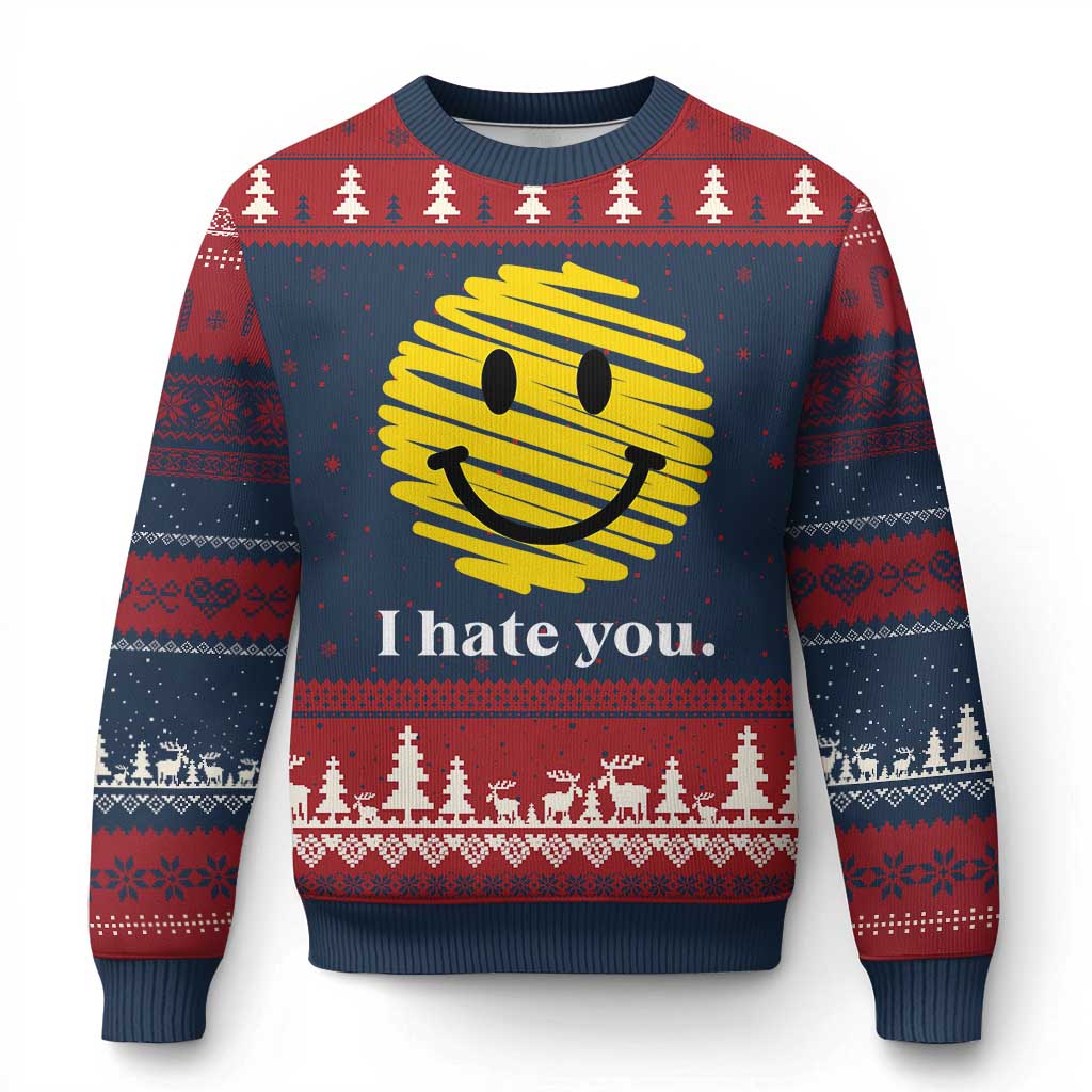I Hate You Smile Face Meme Ugly Christmas Sweater Viral Sarcastic Humor TS14 Navy Red Print Your Wear