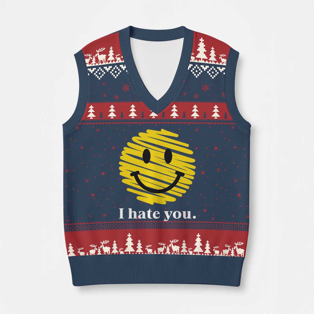 I Hate You Smile Face Meme V-Neck Knit Sweater Vest Viral Sarcastic Humor TS14 Navy Red Print Your Wear