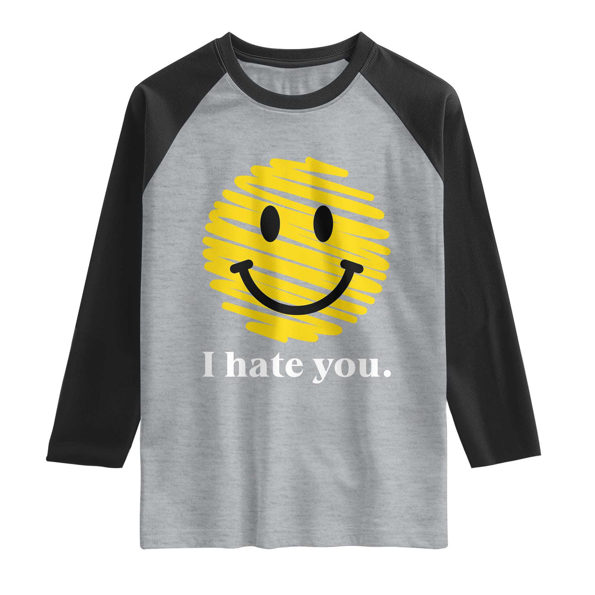I Hate You Smile Face Meme Raglan Shirt Viral Sarcastic Humor TS14 Heather Gray Black Print Your Wear